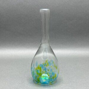 Vintage Handblown Teardrop Glass Bud Vase With Green & Blue Confetti